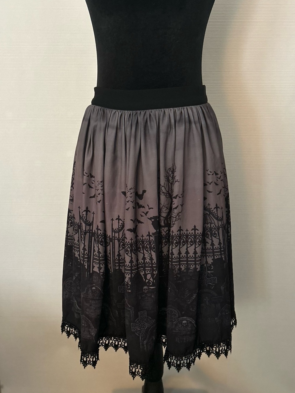 Restyle Cemetery Pattern Skirt with Black Lace Trim